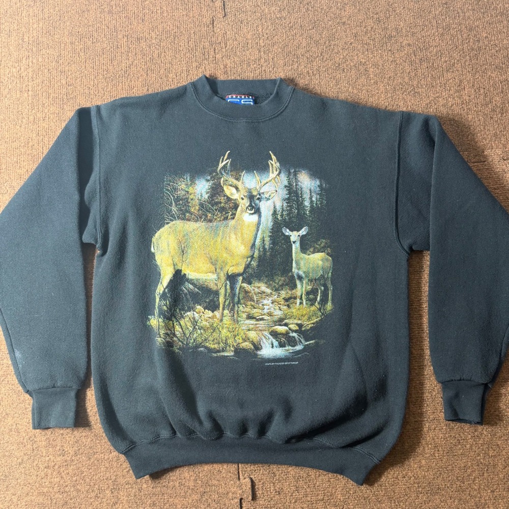 Vintage Crable Sportswear Deer Graphic Sweatshirt Mens Medium Green Made in USA